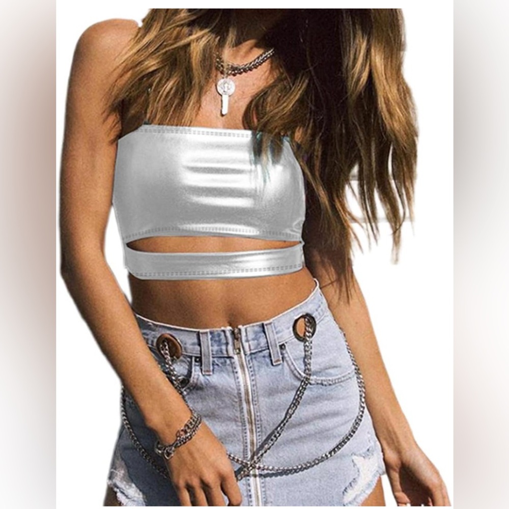 Giovacker Women's Slim Crop Top Bandage Cutout Bohemia Tank Top Cami Vest Silver